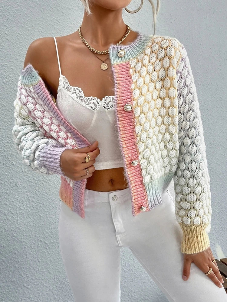 Patchwork Knit Cardigan Jacket, Textured Button-Up Sweater with Contrast Panels and Ribbed Cuffs, Chic Casual Layering Outerwear
