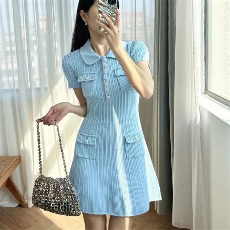 Ribbed Mini Dress – Collared Short Sleeve Dress with Button Front, Patch Pockets and Flared A-Line Skirt for Casual & Everyday Wear