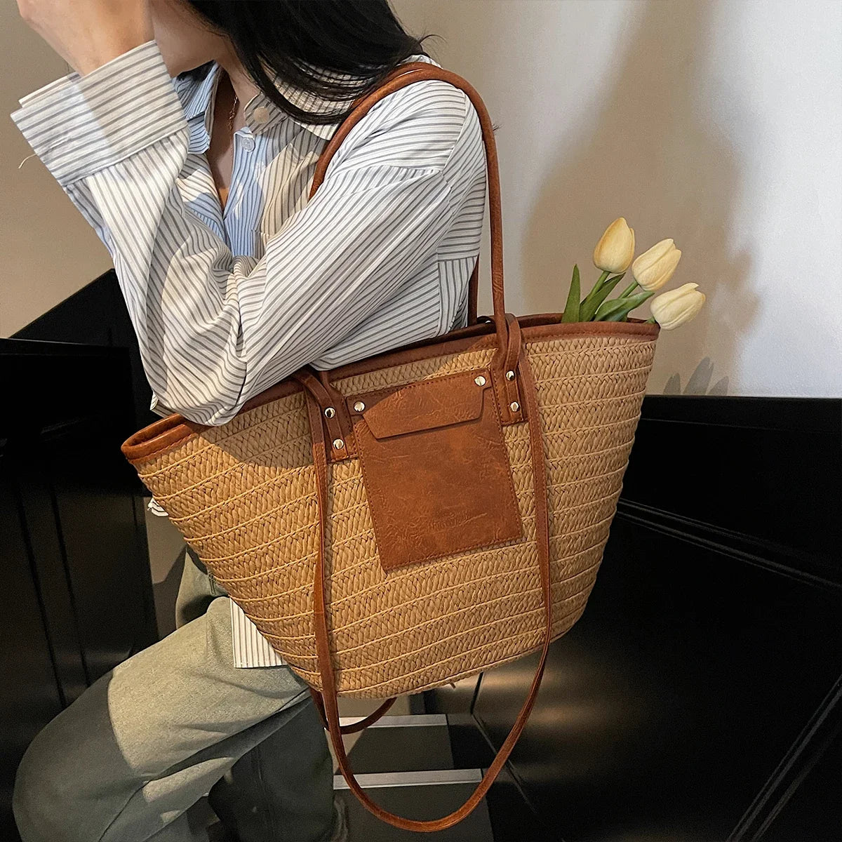 Straw Tote Bag, Woven Beach Handbag with Genuine Leather Accents, Large Summer Shoulder Bag with Long Handles & Crossbody Strap