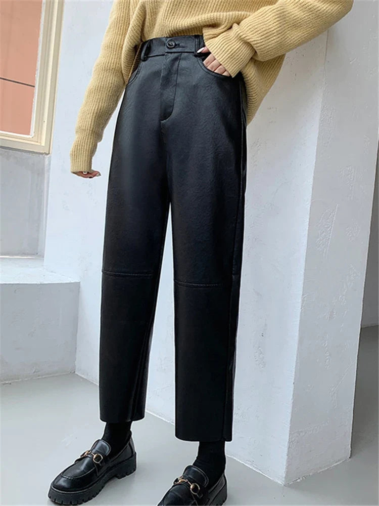 High Waisted Faux Leather Straight Leg Pants Tailored Trousers Minimalist Ankle Length Casual Streetwear Bottoms