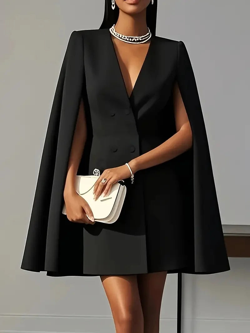 Blazer Mini Dress – Sleeveless Tailored Suit Dress with Notched Lapel and Flared Cape Silhouette for Parties, Events & Evening Wear