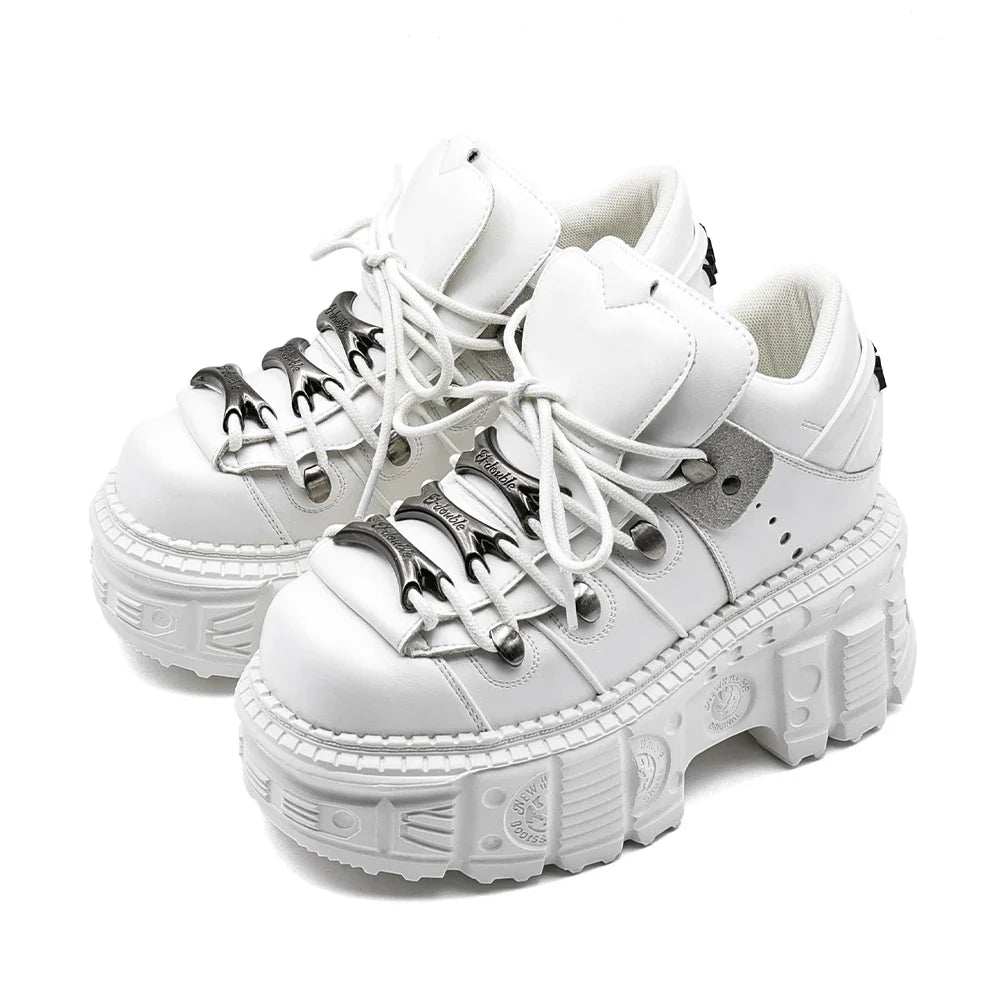 Women's White Platform Sneakers – Chunky Lace-Up Casual Walking Shoes, Goth Streetwear Platform Trainers for Everyday Fashion