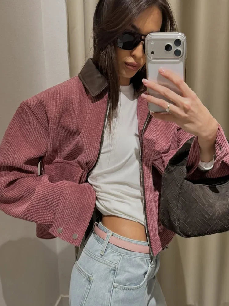 Corduroy Utility Jacket with Oversized Fit, Zip-Up Collared Workwear Jacket, Relaxed Casual Fall Outerwear