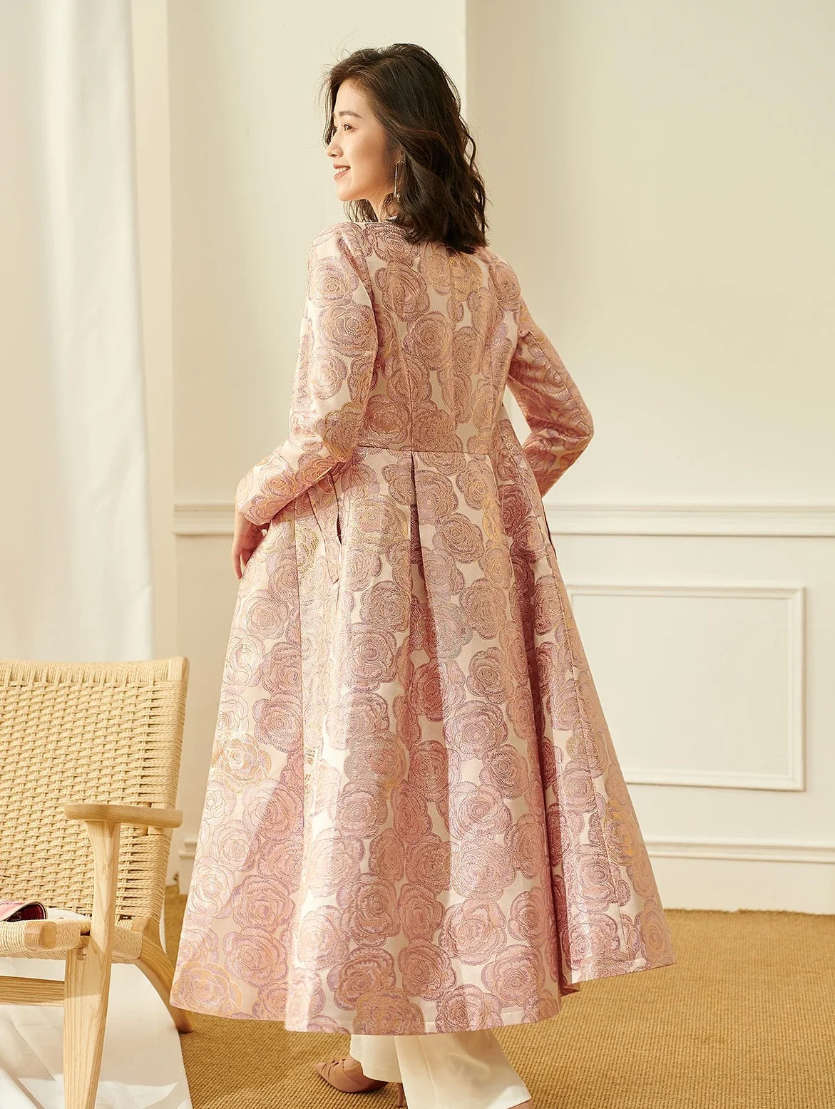 Long Brocade Duster Coat with Button Front, Jacquard Tailored Longline Jacket, Elegant Occasion Outerwear