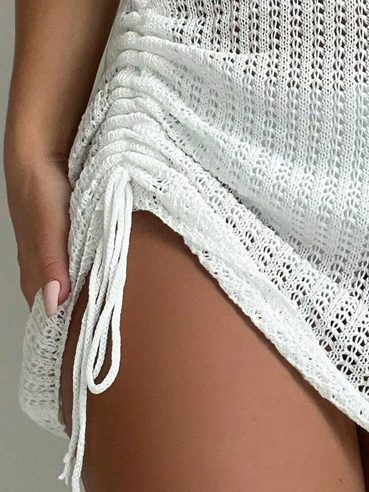 Crochet Mini Skirt High Waisted Knit Cover Up Side Drawstring Ruched Beach Skirt Sheer Festival Vacation Bottomwear