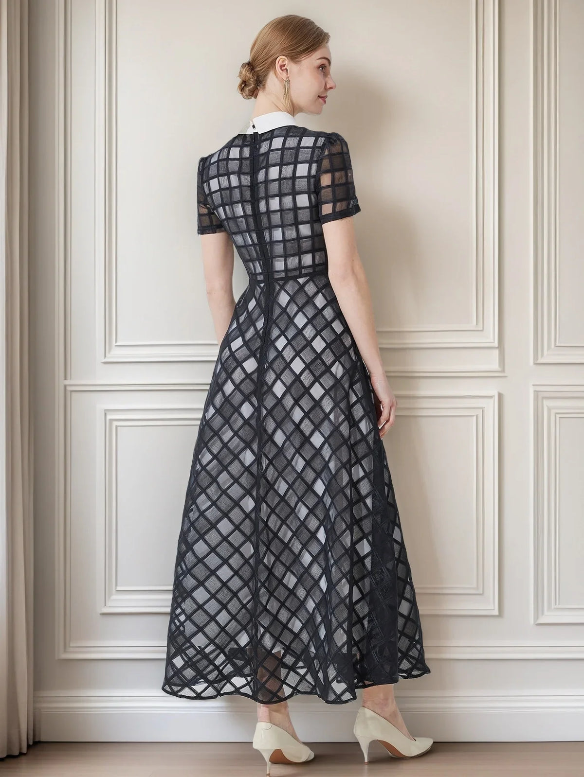 Plaid Maxi Dress – Short Sleeve High Neck A-Line Dress with Fitted Bodice and Flowing Full Skirt for Weddings, Brunch & Special Events