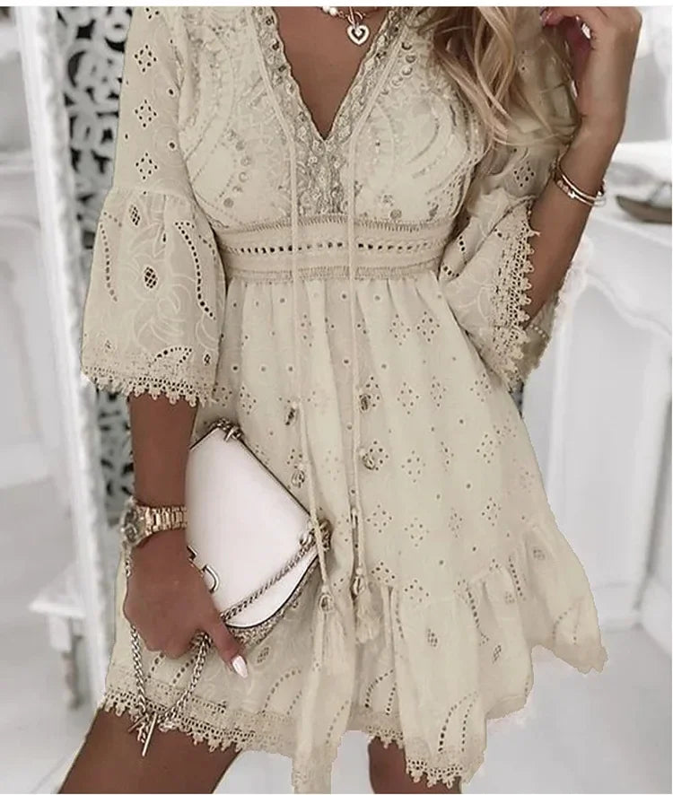 Boho Mini Dress – V-Neck Embroidered Dress with Bell Sleeves, Lace Trim, Defined Waist and Tiered Ruffle Hem for Vacations & Brunch