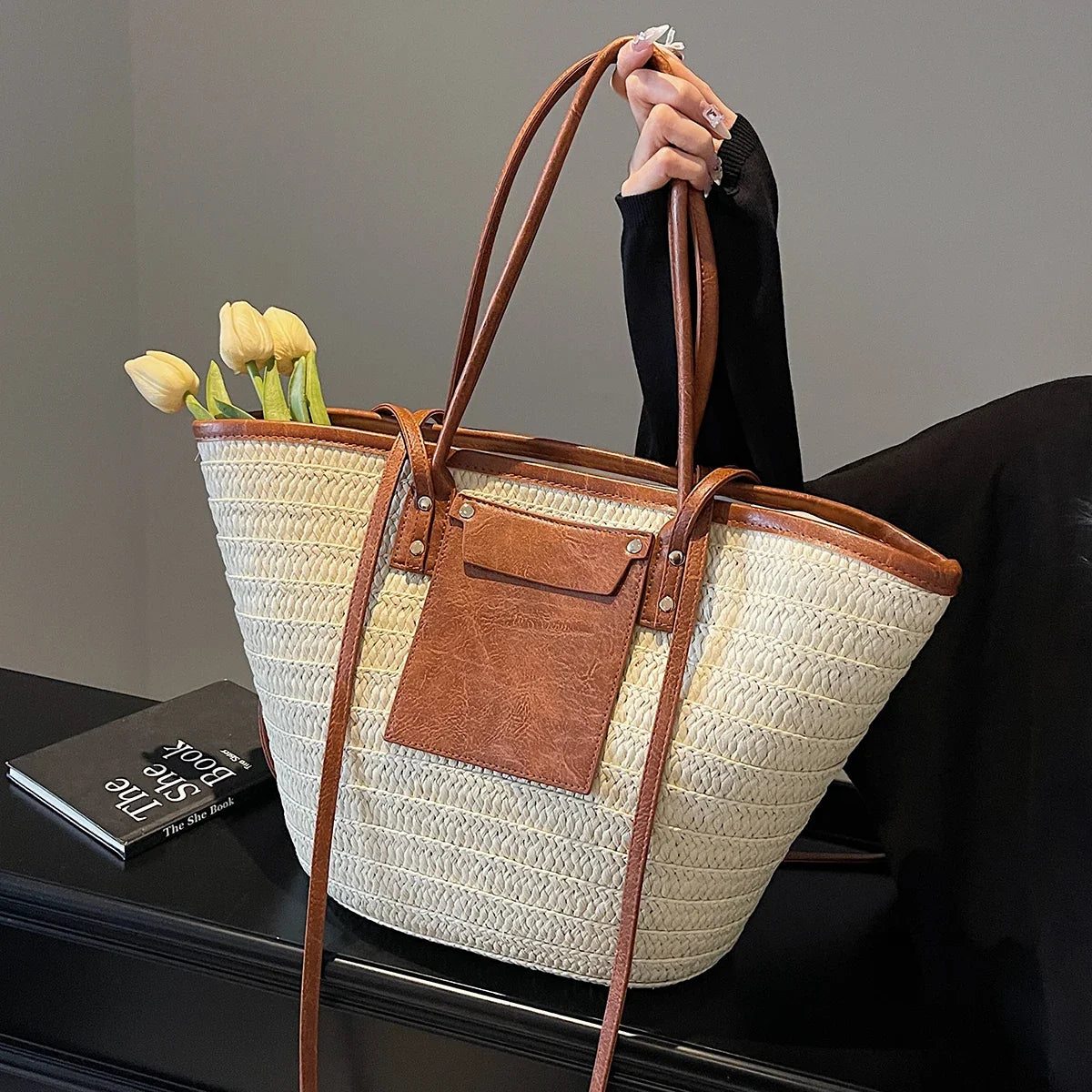 Straw Tote Bag, Woven Beach Handbag with Genuine Leather Accents, Large Summer Shoulder Bag with Long Handles & Crossbody Strap