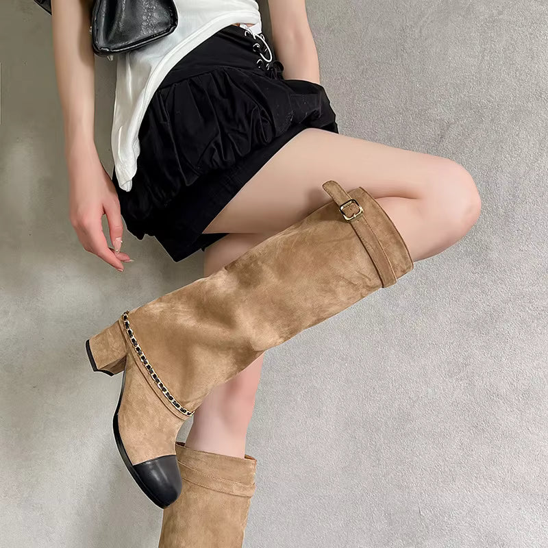 Knee High Suede Boots | Buckle Strap Block Heel Boots | Chain Detail Tall Fashion Booties