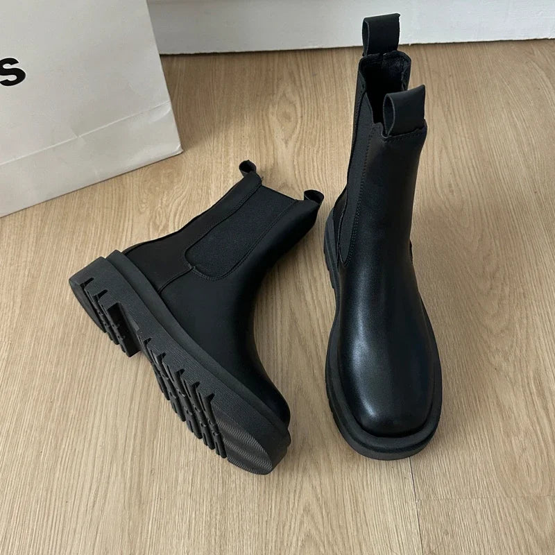 Chelsea Ankle Boots | Chunky Platform Combat Booties | Elastic Side Panel Casual Boots