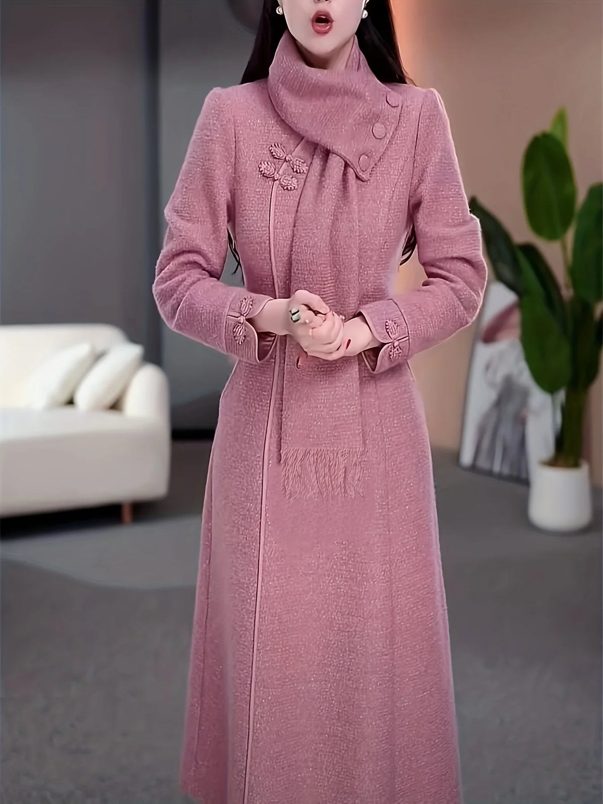 Long Knit Maxi Dress – Turtleneck Sweater Dress with Oversized Collar, Long Sleeves, Button Front and Elegant Winter Silhouette