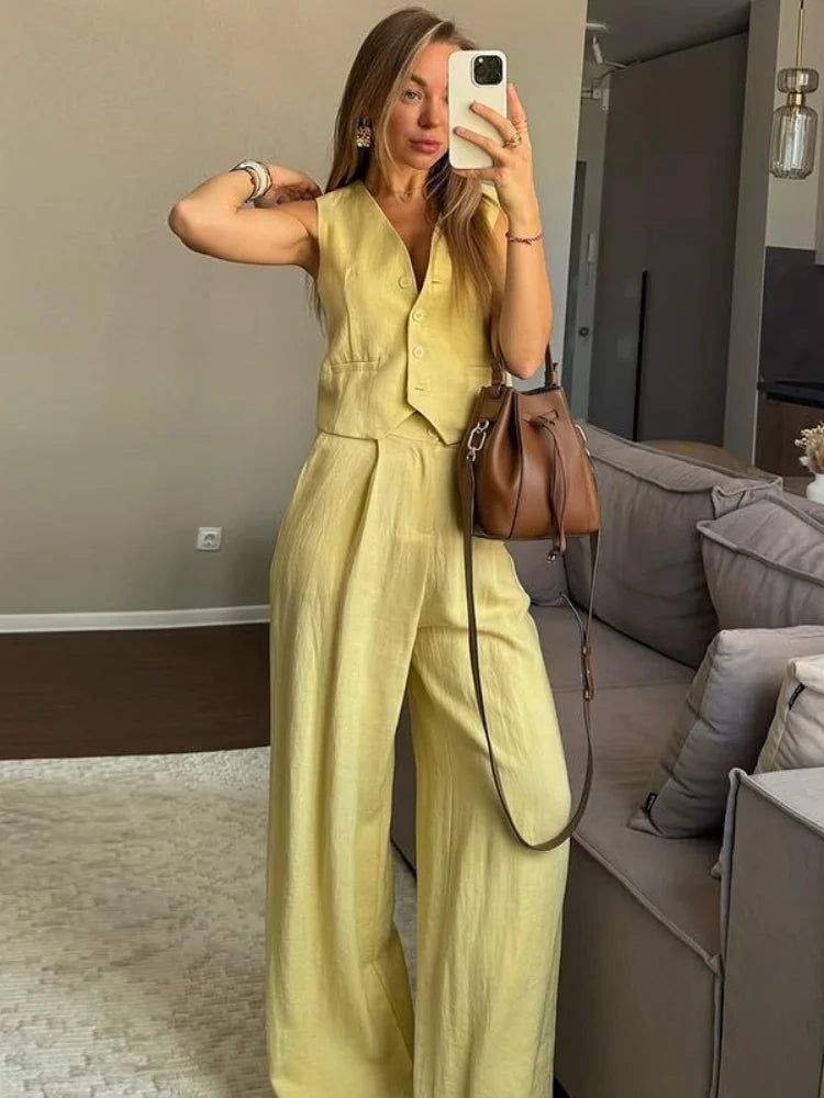 Sleeveless Vest Top & Wide Leg Pants Co-Ord Set | Tailored Two Piece Outfit | Elegant Casual & Vacation Matching Set