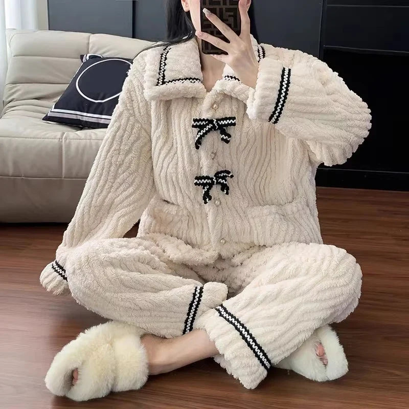 Cable Knit Pajama Set with Button Front Top & Lounge Pants | Cozy Two Piece Sleepwear Outfit | Soft Winter Loungewear Matching Set