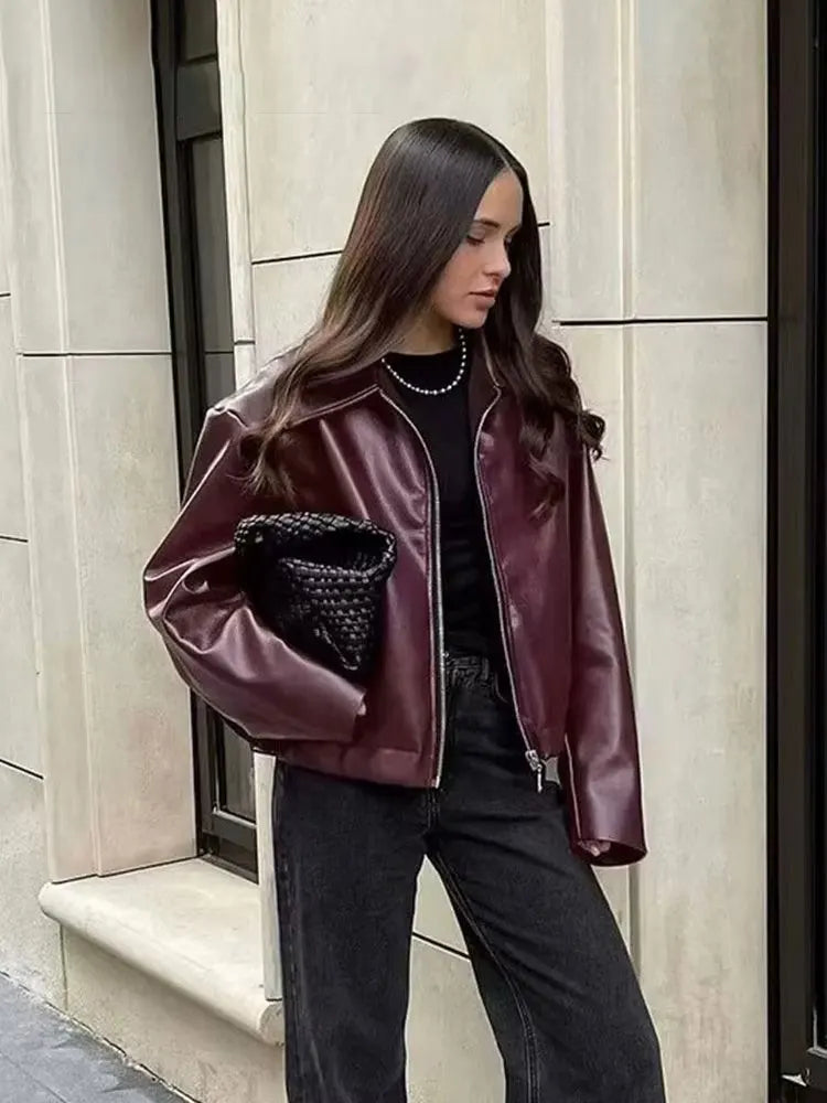 Faux Leather Bomber Jacket, Oversized Zip-Up Jacket with Stand Collar and Relaxed Fit, Chic Casual Transitional Outerwear