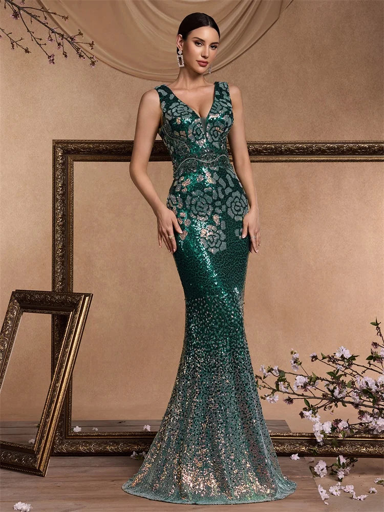 Sequin Mermaid Maxi Dress – V-Neck Sleeveless Evening Gown with Embellished Bodice, Fitted Silhouette and Flared Hem for Formal Events