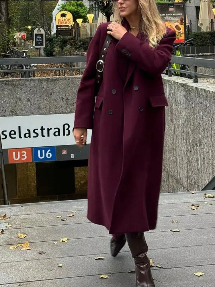 Women's Long Double-Breasted Overcoat, Elegant Tailored Lapel Coat, Classic Full-Length Winter Outerwear