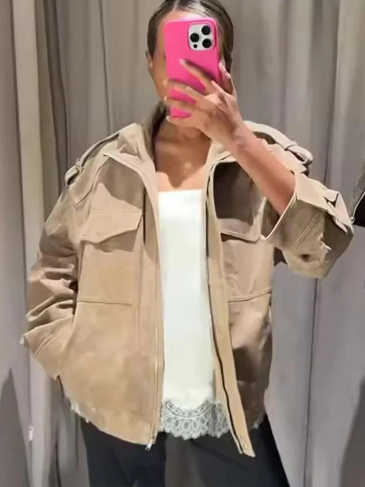 Utility Cropped Jacket, Stand Collar Zip-Up Jacket with Cargo Pockets and Relaxed Fit, Chic Casual Streetwear Outerwear
