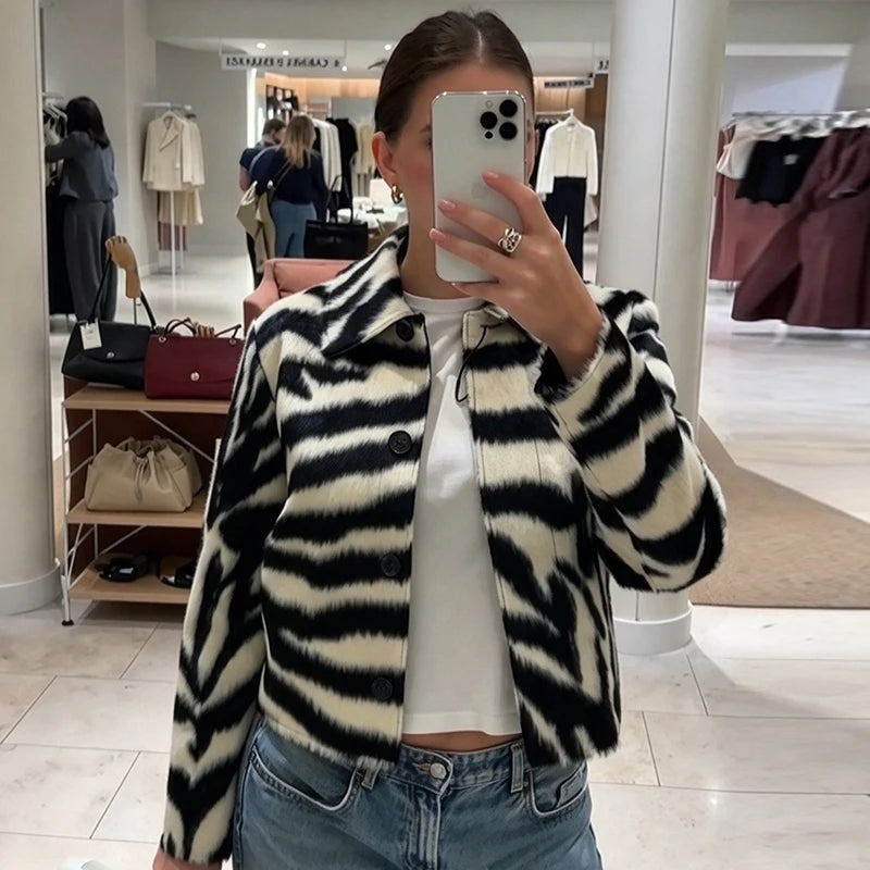 Zebra Print Jacket, Faux Fur Button Front Coat with Classic Collar and Relaxed Fit, Chic Statement Winter Outerwear