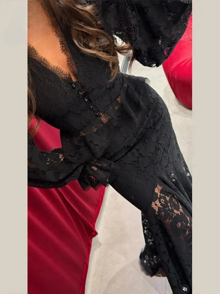 Lace Blouse & Wide Leg Pants Co-Ord Set | Long Sleeve Two Piece Outfit with Floral Lace Detail | Elegant Evening & Party Wear