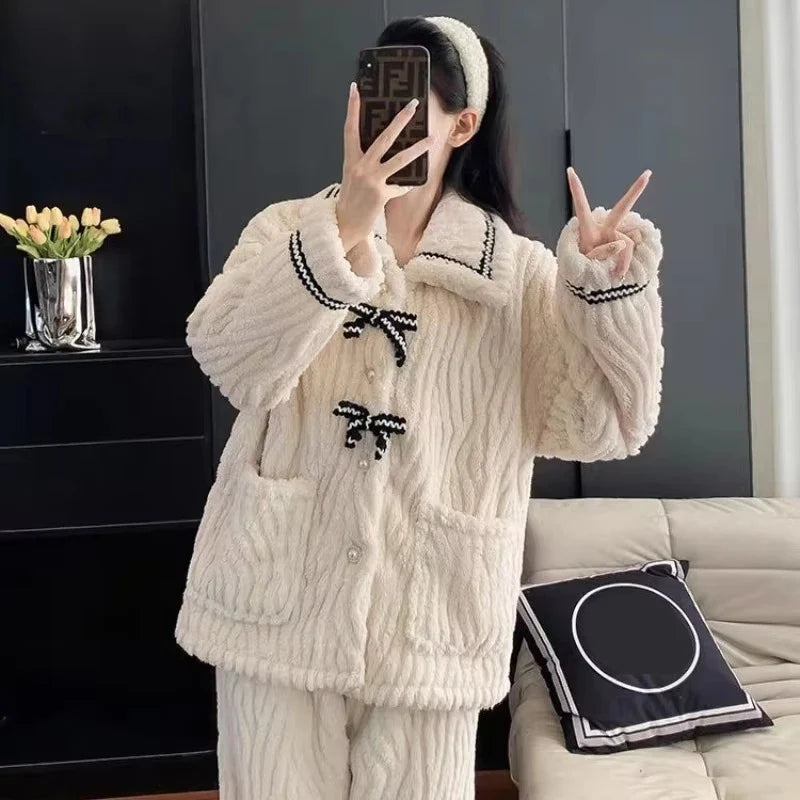 Cable Knit Pajama Set with Button Front Top & Lounge Pants | Cozy Two Piece Sleepwear Outfit | Soft Winter Loungewear Matching Set