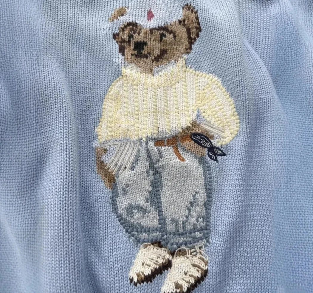 Bear Embroidered Knit Sweater, Cute Crewneck Pullover with Character Motif and Ribbed Trim, Cozy Casual Winter Knitwear