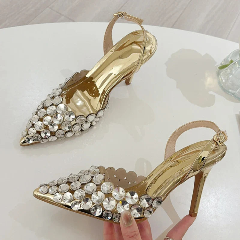 Rhinestone Slingback Heels | Pointed Toe Crystal Pumps | Elegant Kitten Heel Party Shoes