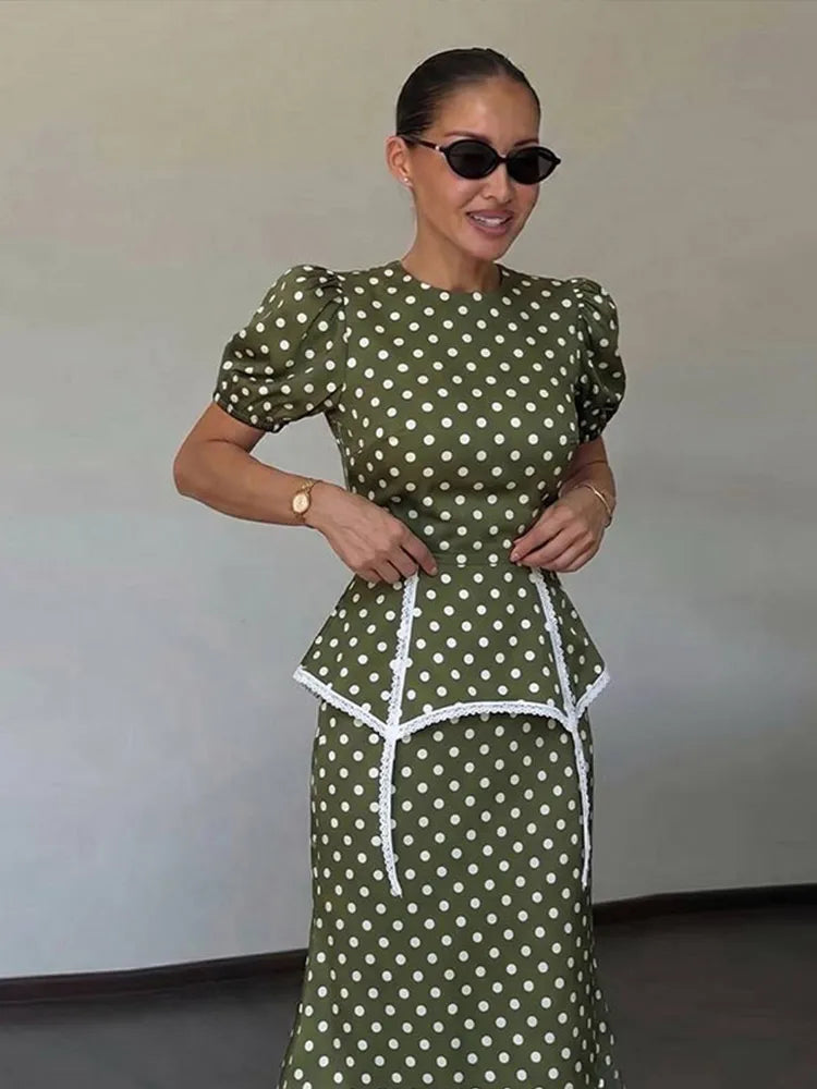 Polka Dot Midi Dress – Puff Sleeve Fit and Flare Dress with Peplum Waist Detail, Round Neck and Flared Skirt for Women
