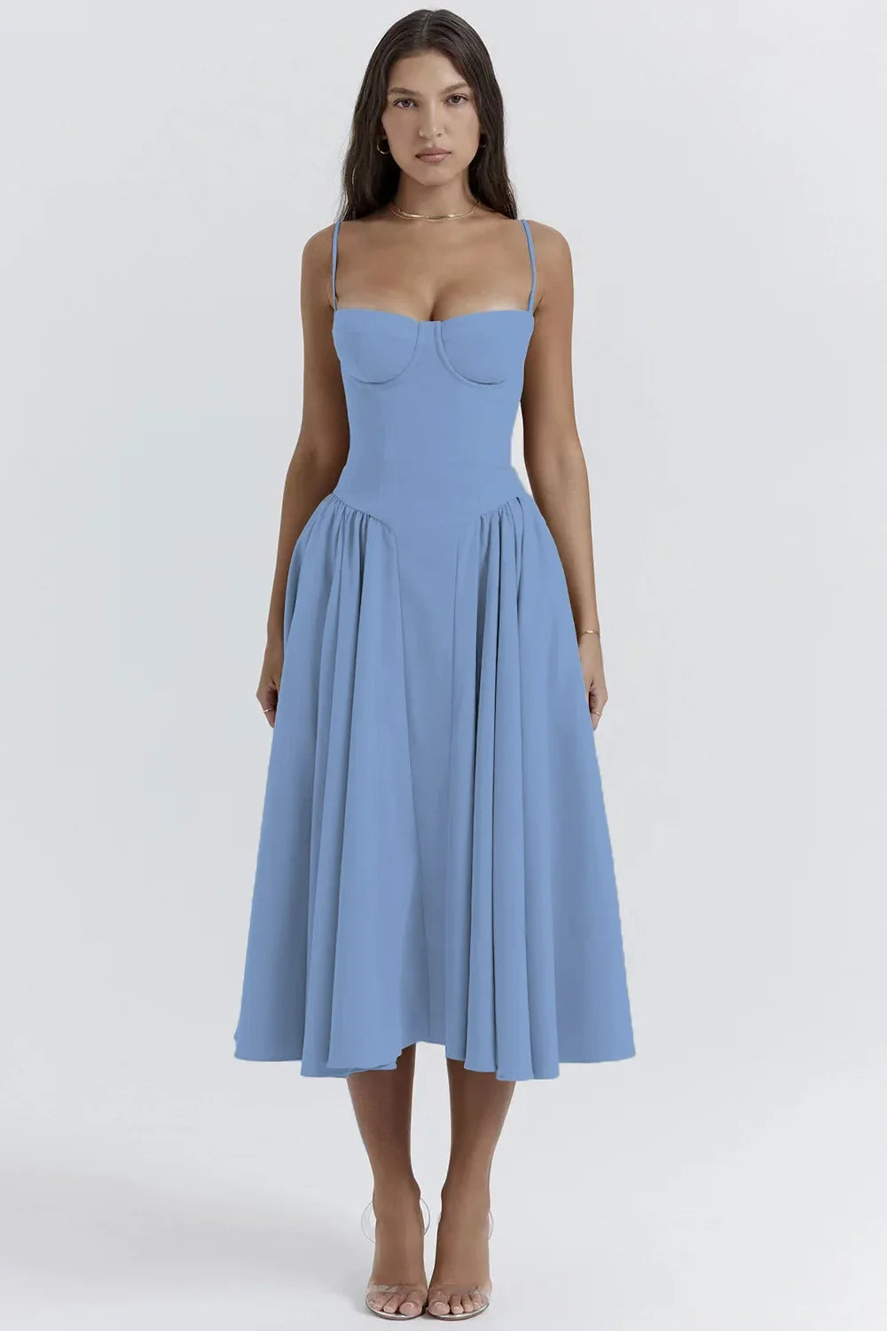 Vintage A-Line Midi Dress – Spaghetti Strap Corset Bodice Dress with Pleated Flared Skirt for Weddings, Brunches & Special Occasions