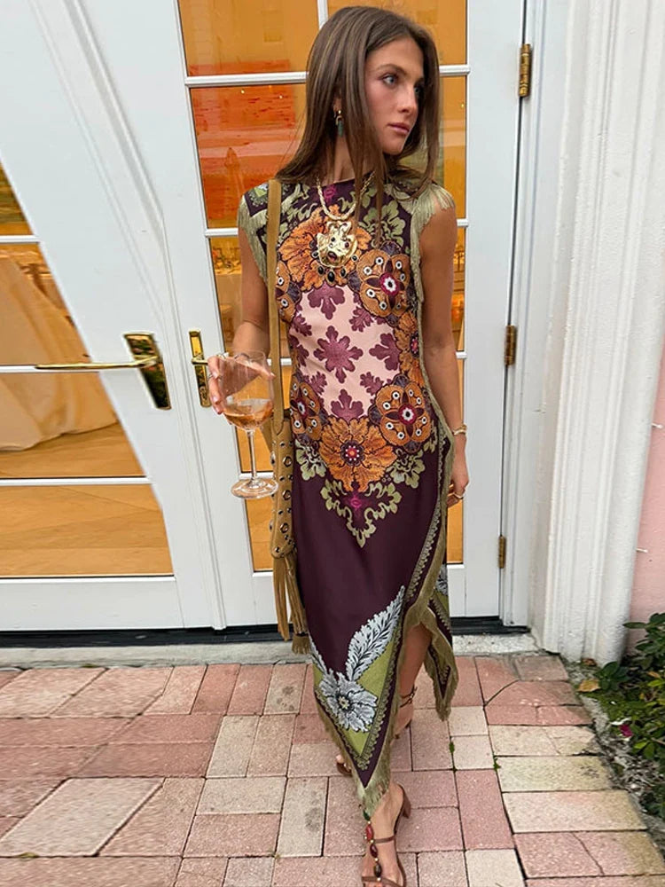 Boho Maxi Dress – Sleeveless High Neck Dress with Ornate Floral Print, Fitted Bodice and Flowing Floor-Length Silhouette for Vacations & Events