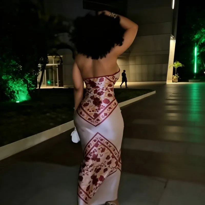 Floral Halter Maxi Dress – Sleeveless White Dress with Geometric Print Panels, Open Back and Elegant Fitted Silhouette