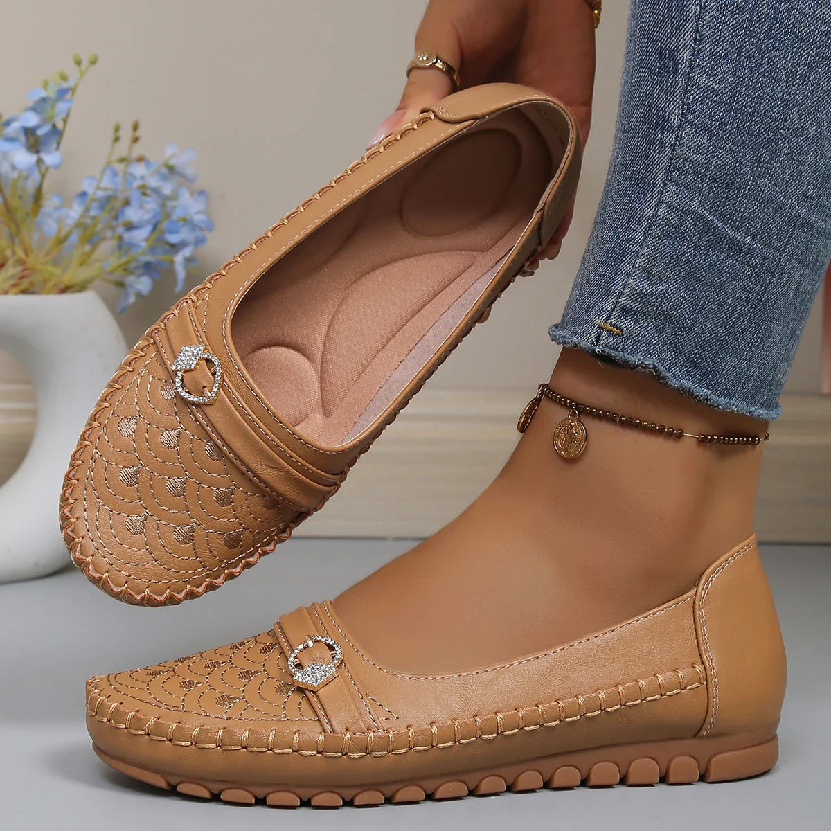 Comfort orthopaedic Ballet Flats | Pearl Embellished Slip-On Shoes | Soft Round Toe Casual Walking Flats