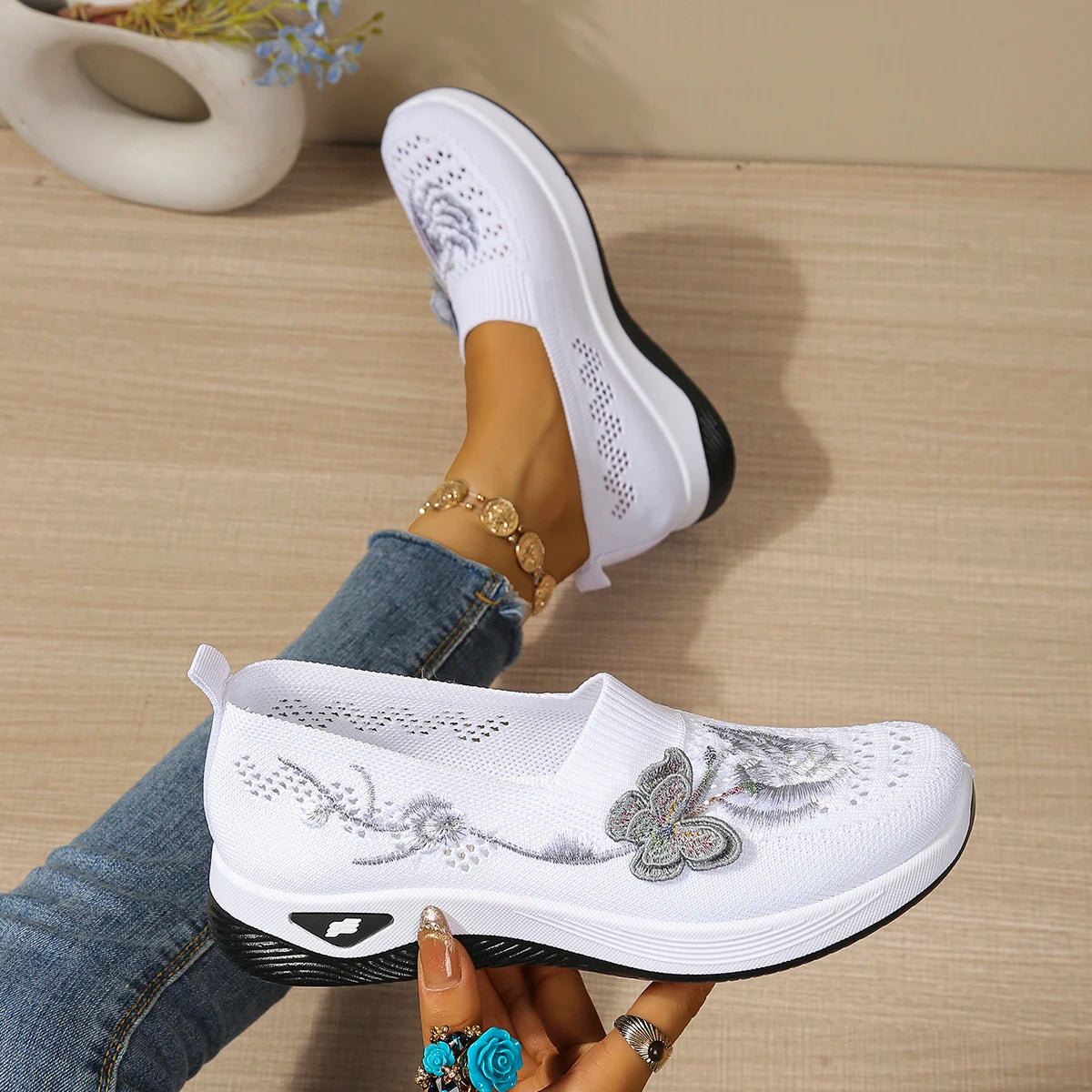 Floral orthopaedic Slip On Sneakers | Embroidered Mesh Walking Shoes | Lightweight Casual Platform Sneakers