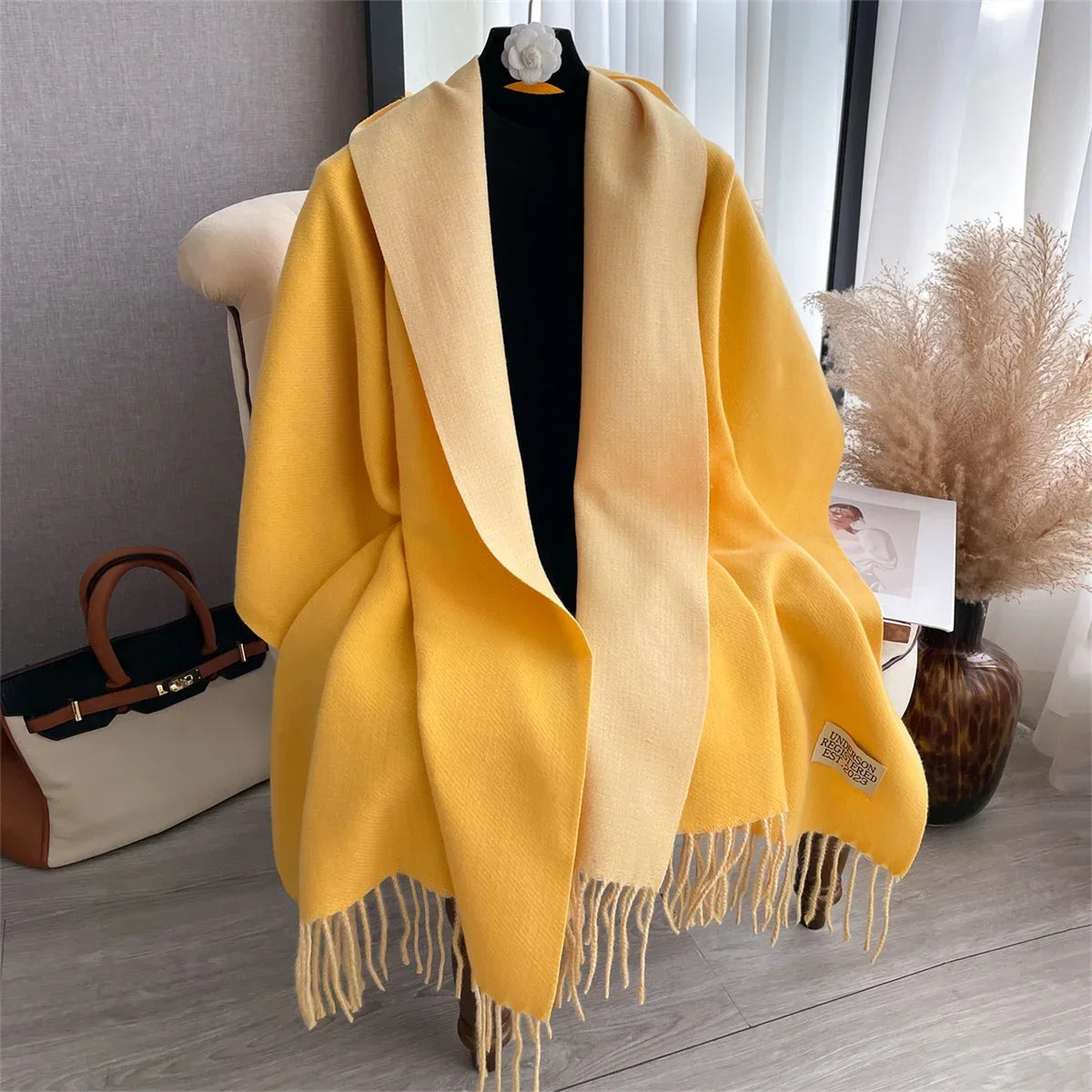 Women's Shawl Wrap, Two-Tone Fringed Scarf, Elegant Oversized Shoulder Wrap for Women