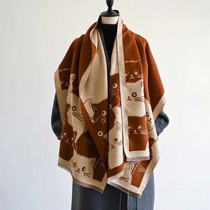 Cute Cat Print Scarf, Playful Feline Pattern Shawl Wrap, Artistic Neck Scarf with Decorative Border