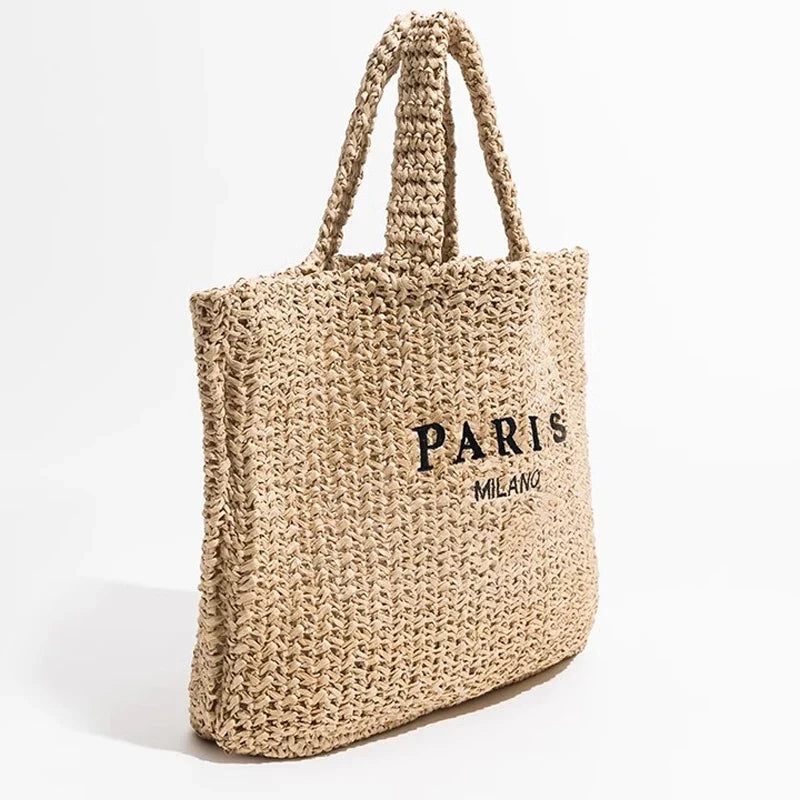 Woven Straw Tote Bag, Paris-Inspired Printed Handbag with Braided Handles, Spacious Summer Shoulder Purse for Beach, Travel & Everyday Use