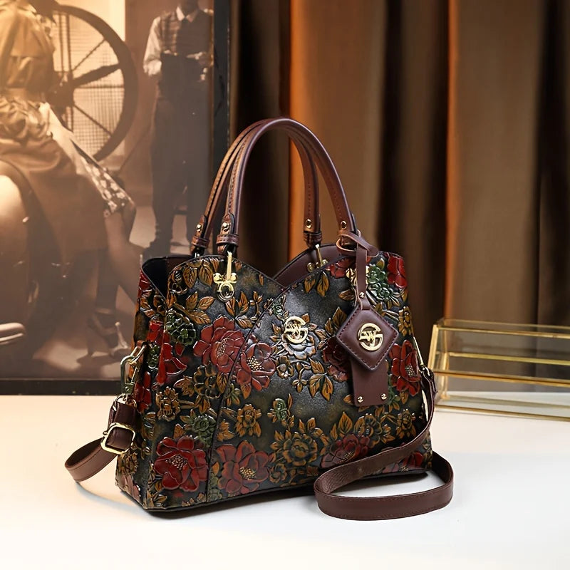 Vintage Floral Satchel Handbag, Embroidered Top Handle Purse with Decorative Charms, Structured Shoulder & Crossbody Bag for Travel & Everyday Use