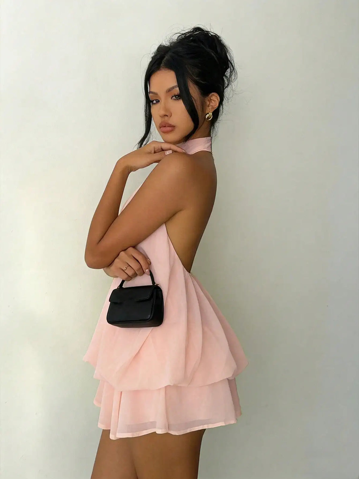 Pleated Mini Dress – High Neck Sleeveless Dress with Layered Ruffle Skirt, Flowing A-Line Silhouette and Elegant Drape for Parties & Events