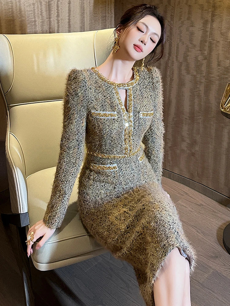 Tweed Midi Dress – Long Sleeve Square Neck Dress with Gold Trim, Fitted Waist and Pencil Skirt for Weddings, Brunch & Formal Events