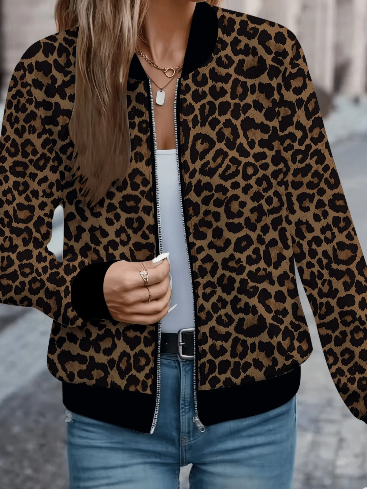 Leopard Print Bomber Jacket, Zip-Up Jacket with Ribbed Collar and Cuffs, Relaxed Fit Animal Print Casual Streetwear Outerwear