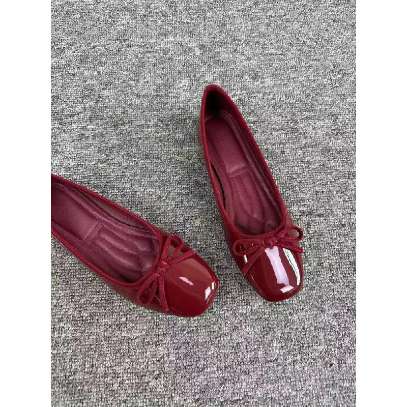 Square Toe Ballet Flats | Patent Bow Flats | Two-Tone Trim Slip-On Shoes for Women