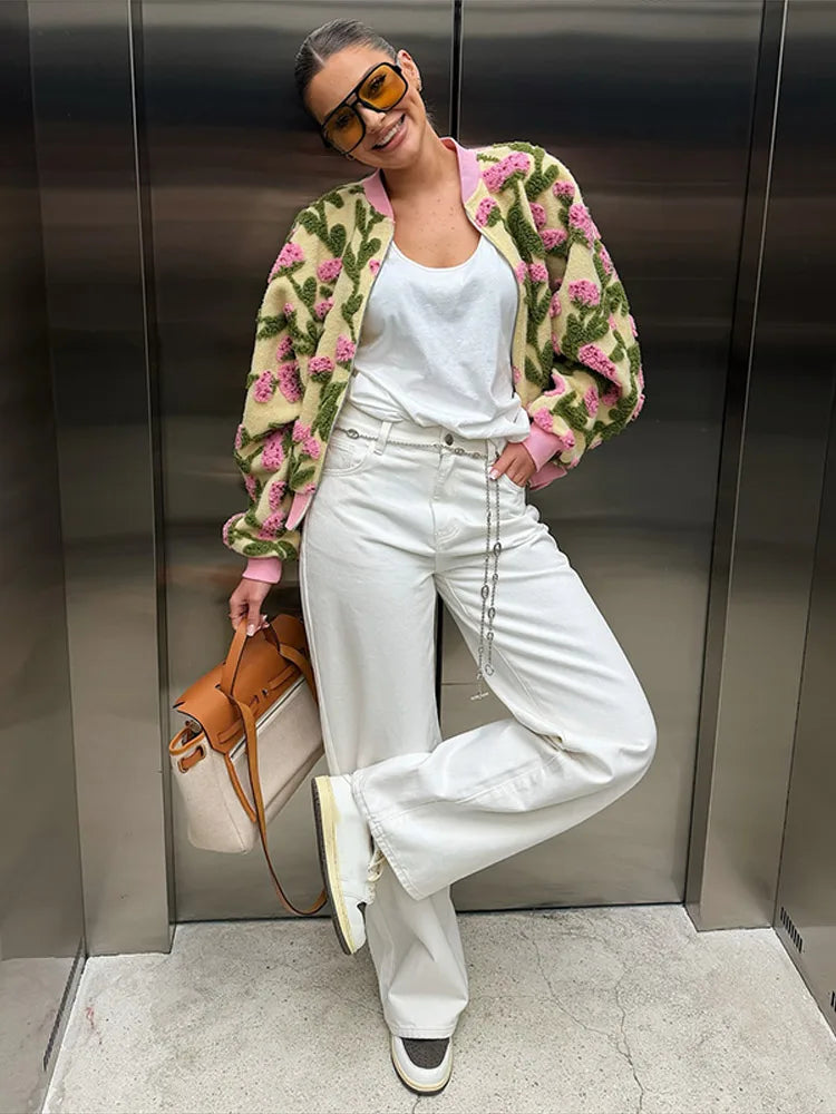 Floral Textured Fleece Jacket, Oversized Plush Zip-Up Jacket with 3D Flower Embroidery, Cozy Statement Winter Outerwear