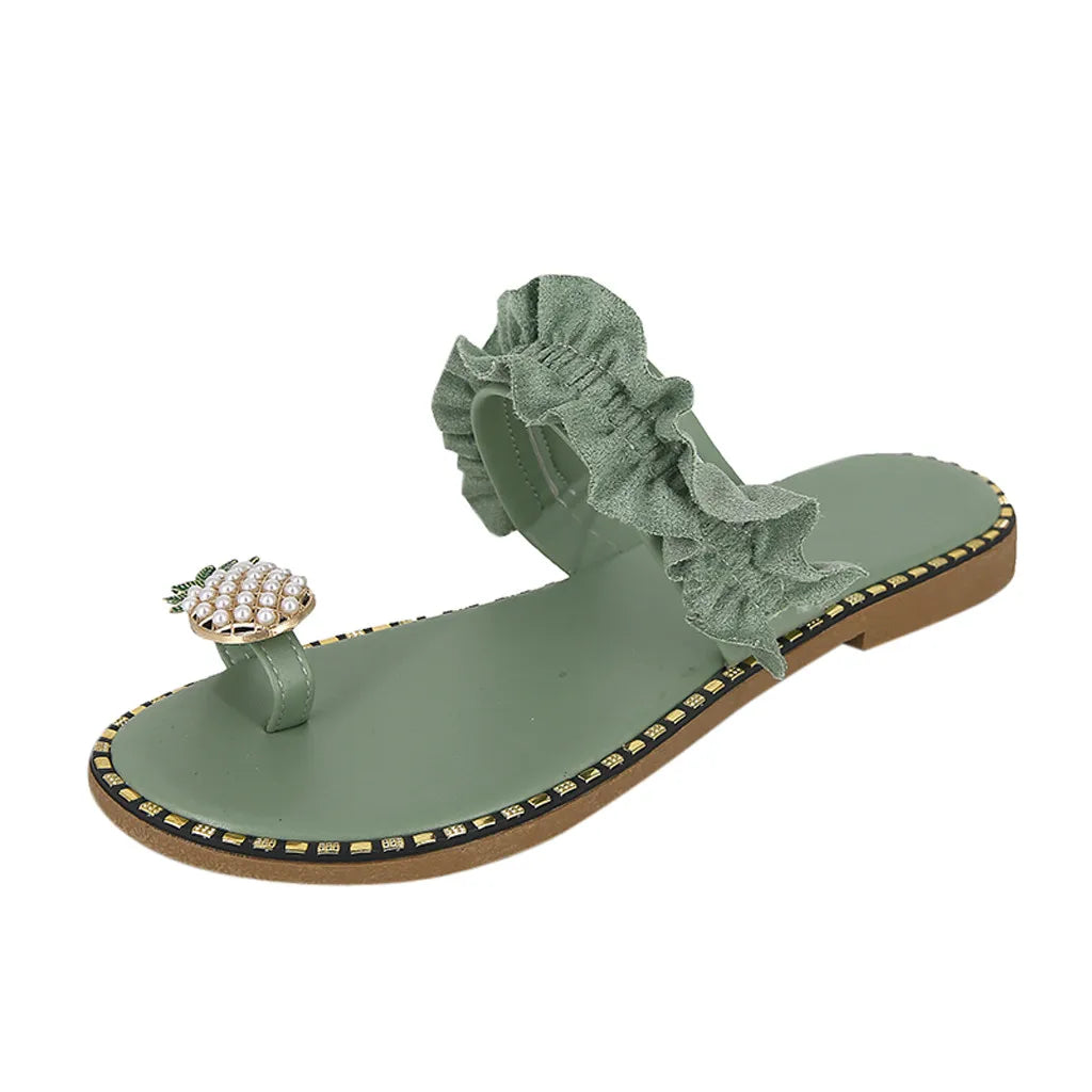 Ruffle Slide Sandals | Pearl Embellished Flat Mules | Floral Charm Summer Vacation Shoes