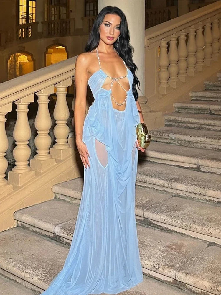 Lace-Up Maxi Dress – Plunge Neck Mermaid Gown with Sheer Cutout Bodice and Flowing Floor-Length Skirt for Weddings & Formal Events
