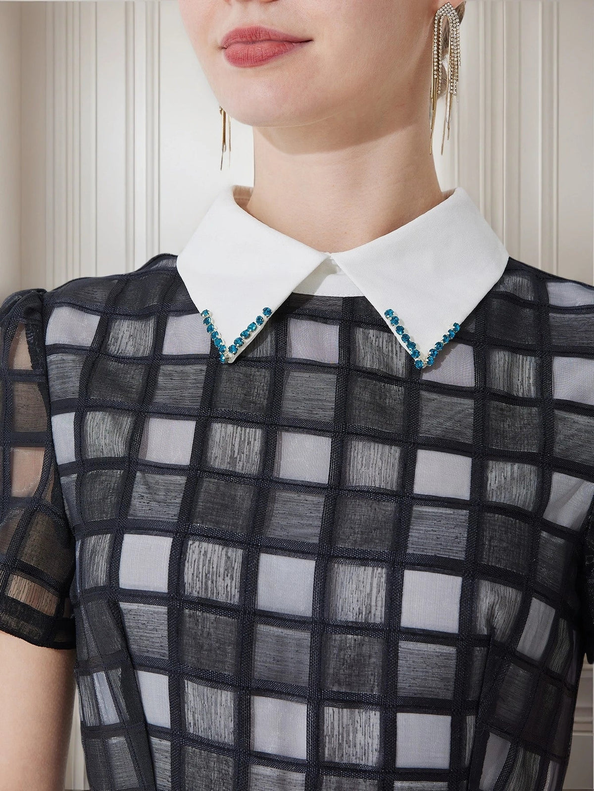Plaid Maxi Dress – Short Sleeve High Neck A-Line Dress with Fitted Bodice and Flowing Full Skirt for Weddings, Brunch & Special Events