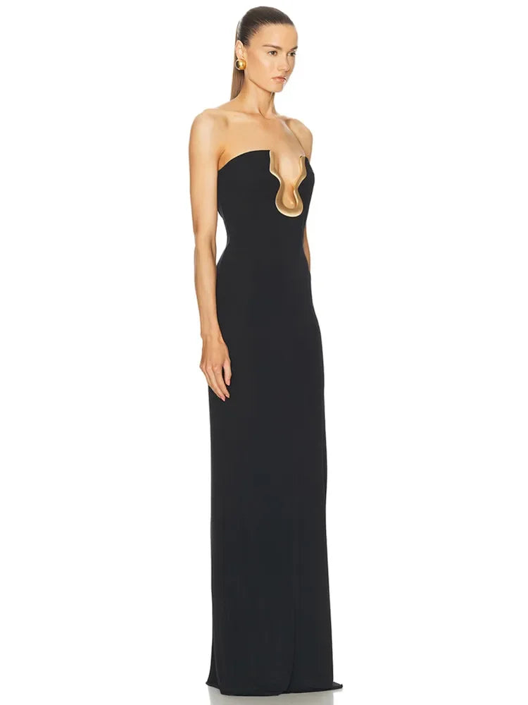 Strapless Maxi Dress – Elegant Column Gown with Sculpted U Neckline, Contrast Trim and Sleek Fitted Silhouette