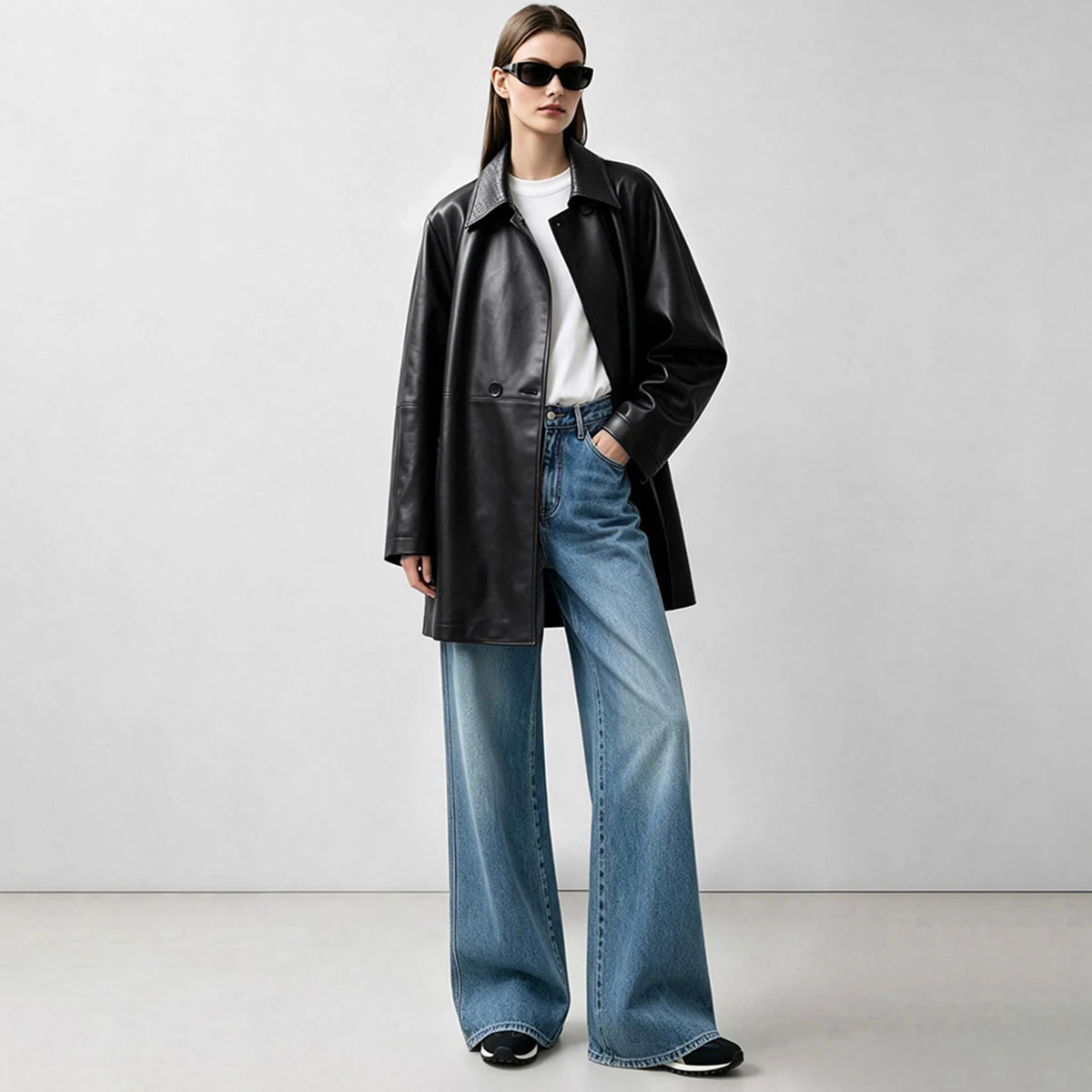 Faux Leather Trench Coat, Belted Double-Breasted Jacket with Wide Lapels and Longline Silhouette, Chic Statement Outerwear