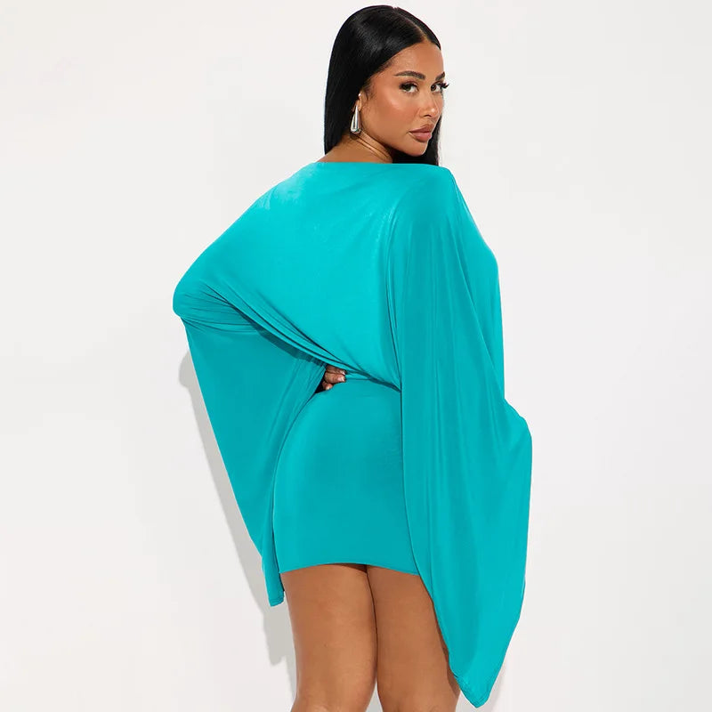 Draped Mini Dress – Off Shoulder Long Sleeve Dress with Batwing Sleeves, Relaxed Top, Fitted Skirt and Asymmetrical Drape for Parties