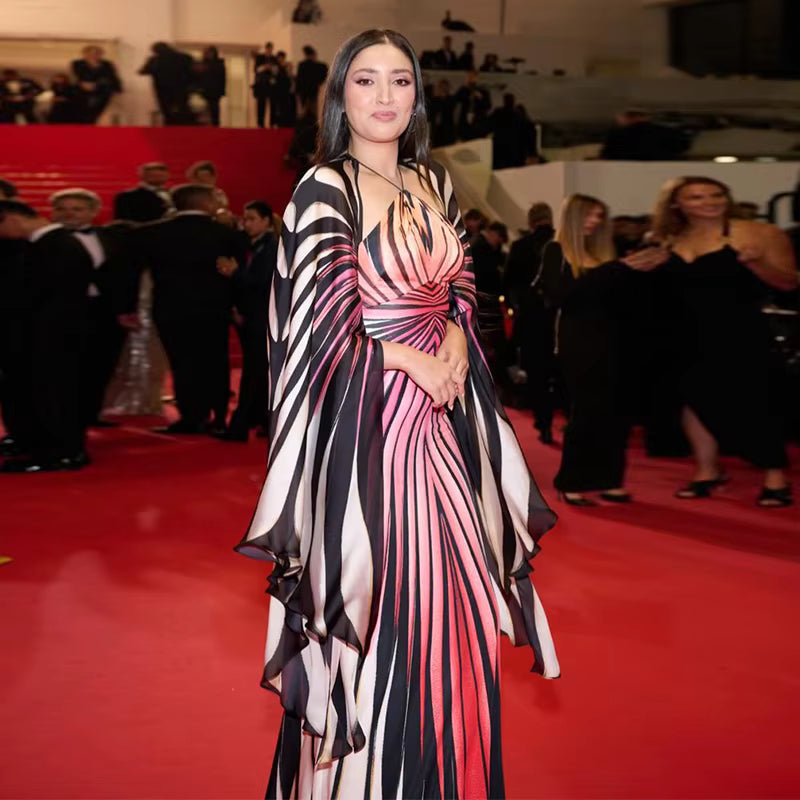 Printed Maxi Dress with Cape – Halter Neck Bodycon Gown with Abstract Stripes, Plunging Neckline and Flowing Shawl Overlay