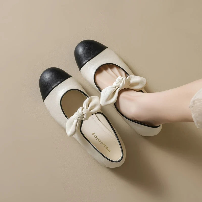 Bow Mary Jane Flats | Round Toe Ballet Shoes | Elegant Low Heel Casual Dress Flats