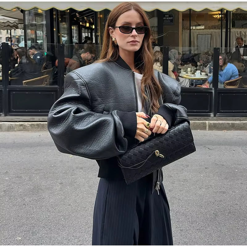 Oversized Leather Bomber Jacket – Women's Zip Up Jacket with Padded Shoulders, Voluminous Sleeves and Relaxed Streetwear Fit